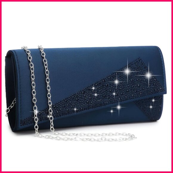 Satin Rhinestone Clutch Evening Bag Sparkle Glitter Shiny Purse Handbag